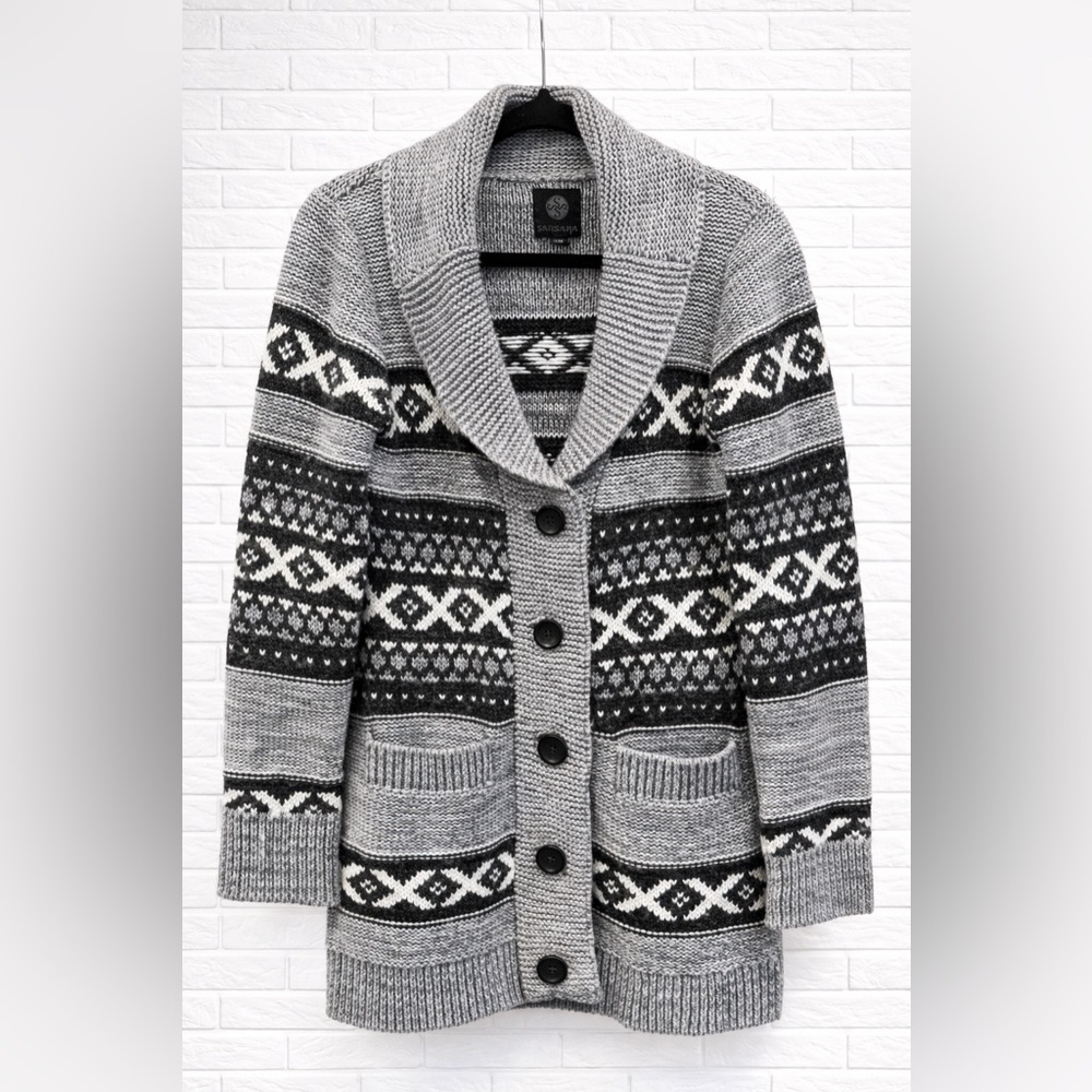 Sansara Fair Isle Shawl Collar Cardigan Sweater Size M